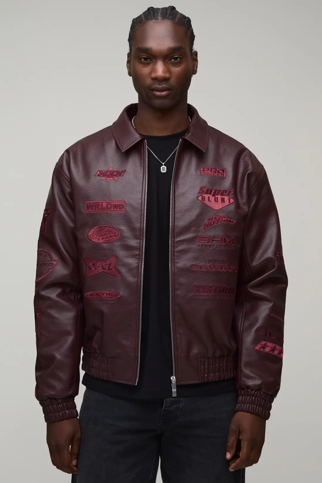 Burgundy Tall Boxy Fit PU Rodeo Tonal Applique Badge Varsity Bomber Jacket | BOOHOOMAN USA | boohooMAN (US & Canada)