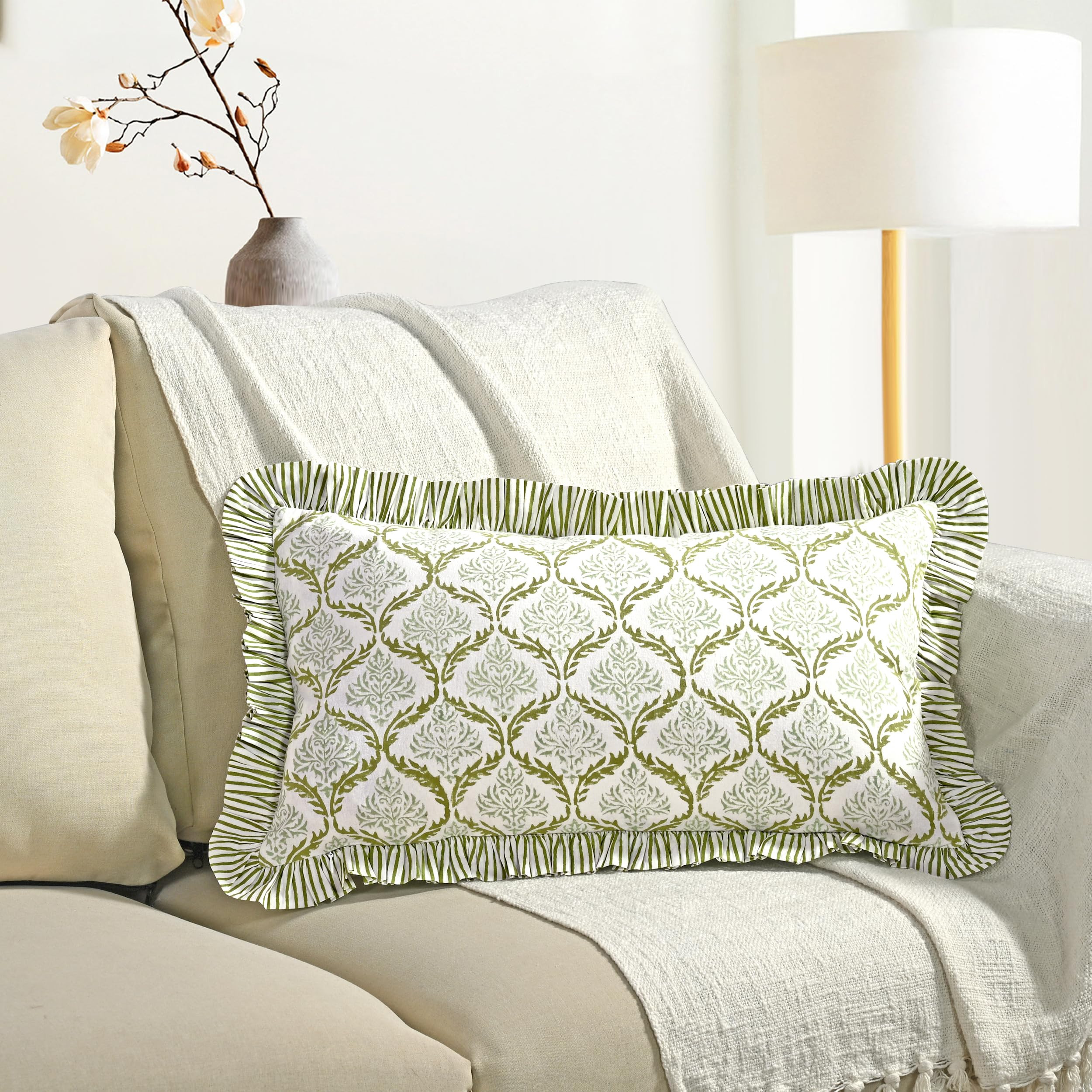 CPC Hand Block Print Fern Regal Ruffle Sham Pillow Cover 20" x 12" inch Hidden Zipper Decorative ... | Amazon (US)