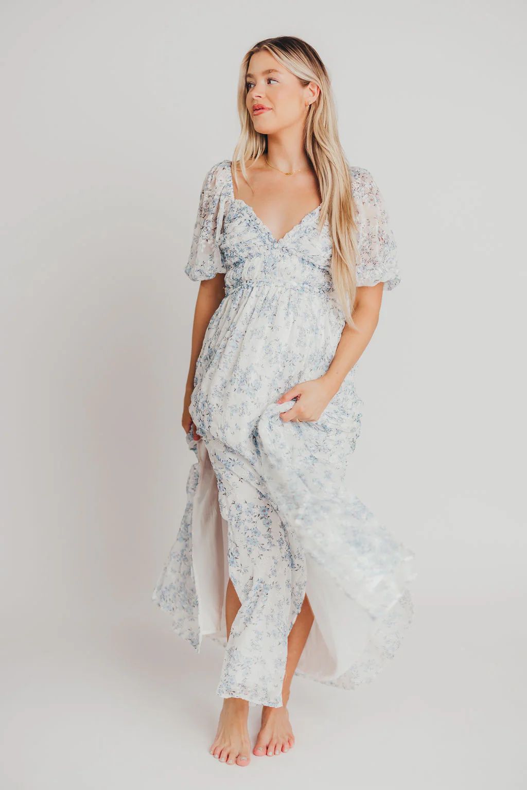Daphne Eyelet Detail Maxi Dress in Blue and White Floral - Bump Friend | Worth Collective