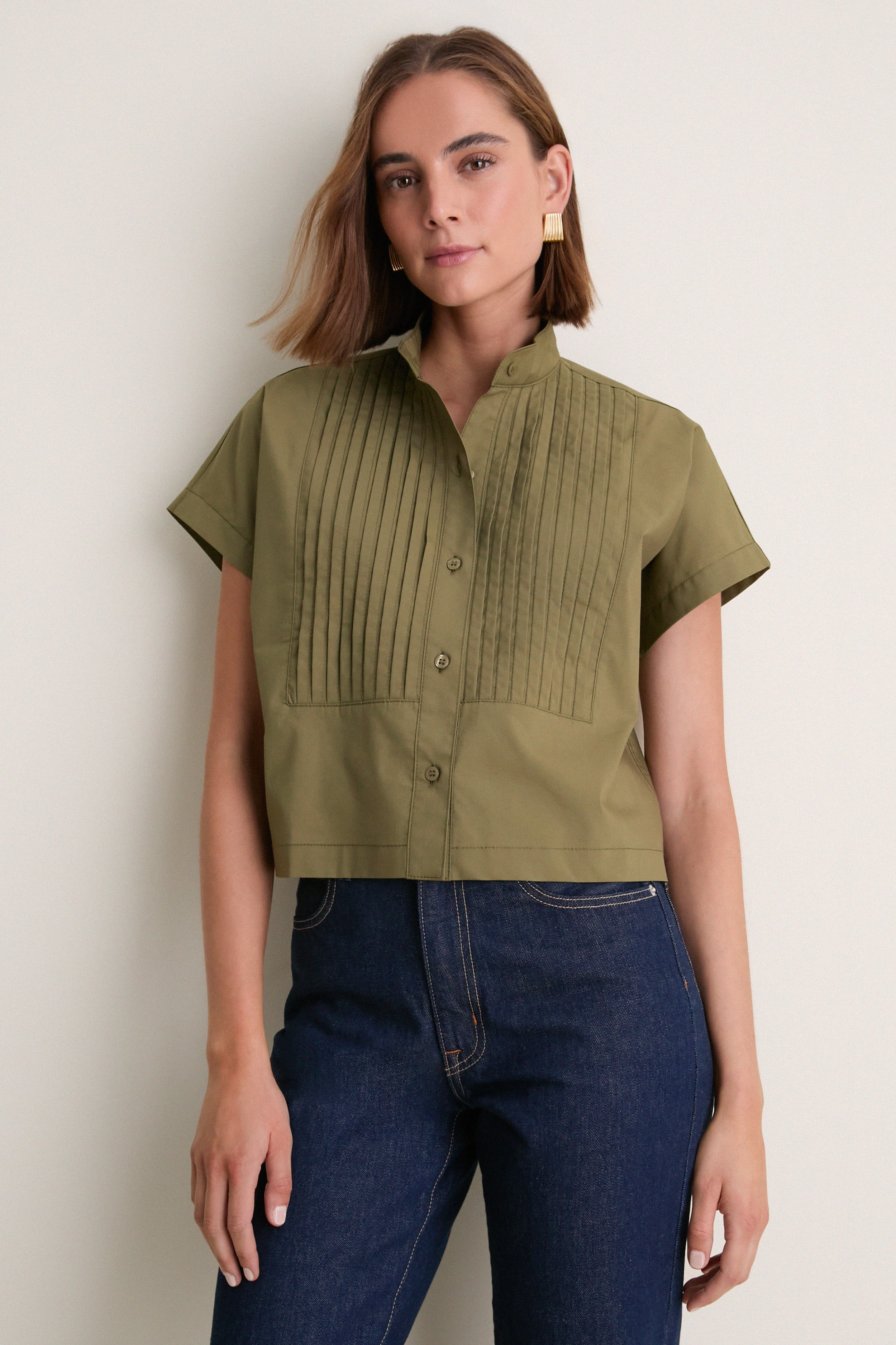 Olive Cotton Poplin Pintuck Avery Shirt | Tuckernuck (US)