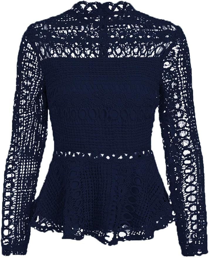 SUNJIN ACRO Women's Elegant Lace Tops Hollow Out Long Sleeve Peplum Hem Shirt Blouse | Amazon (US)