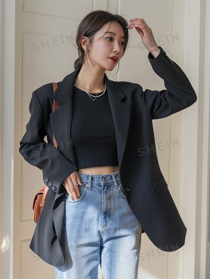 DAZY Blazer Feminino Lapela Colarinho Com Divisão Traseira E Um Botão | SHEIN