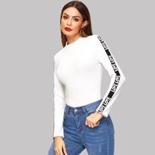 Mock Neck Lettering Tape Detail Ribbed Tee | SHEIN
