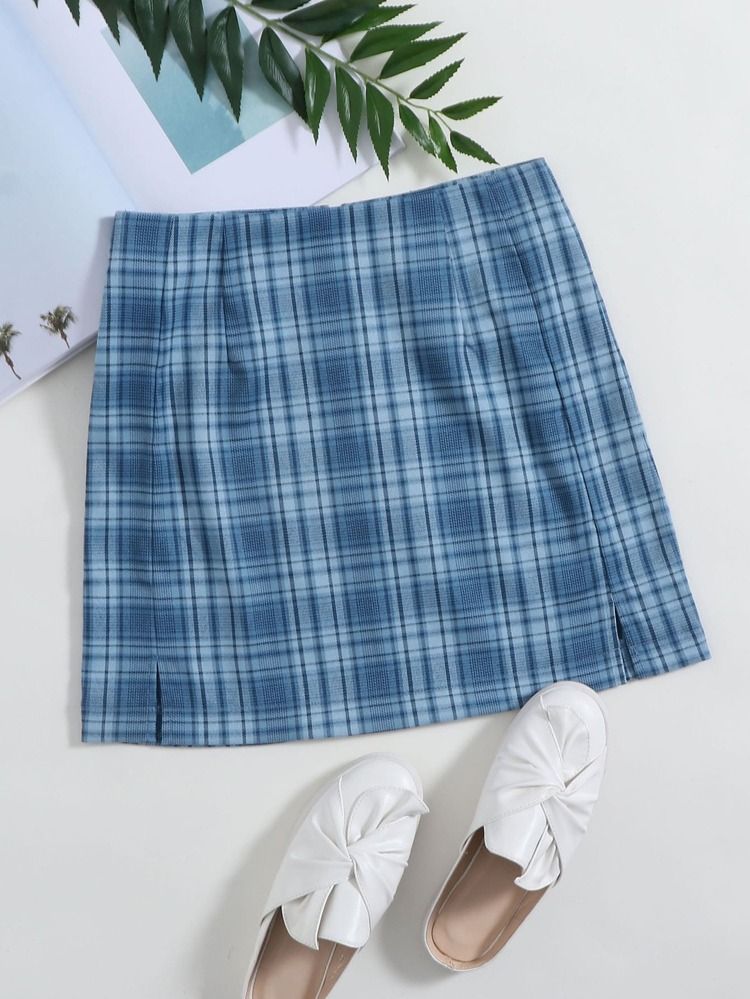 Plaid Split Hem A-Line Skirt | SHEIN