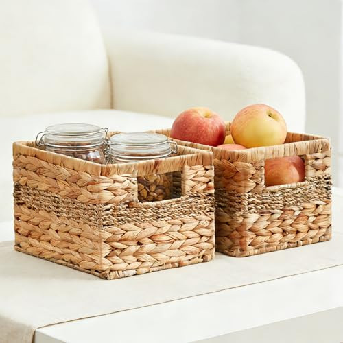 Bagnizer Water Hyacinth Wicker Basket, Decorative Woven Baskets with Built-in Handles, Hand-woven Storage Organizer for Organizing Pantry, Livingroom, Bedroom, Shelves, Toilet(2-PACK, Blended) | Amazon (US)