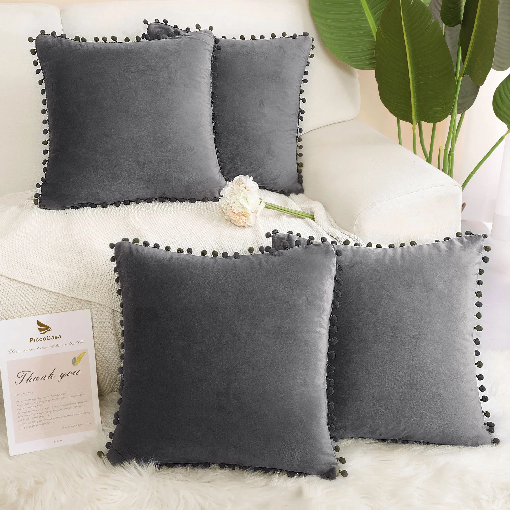 PiccoCasa Velvet Pillow Covers with Pompoms 18"x18" Cushion Covers Pack of 4, Dark Gray | Walmart (US)