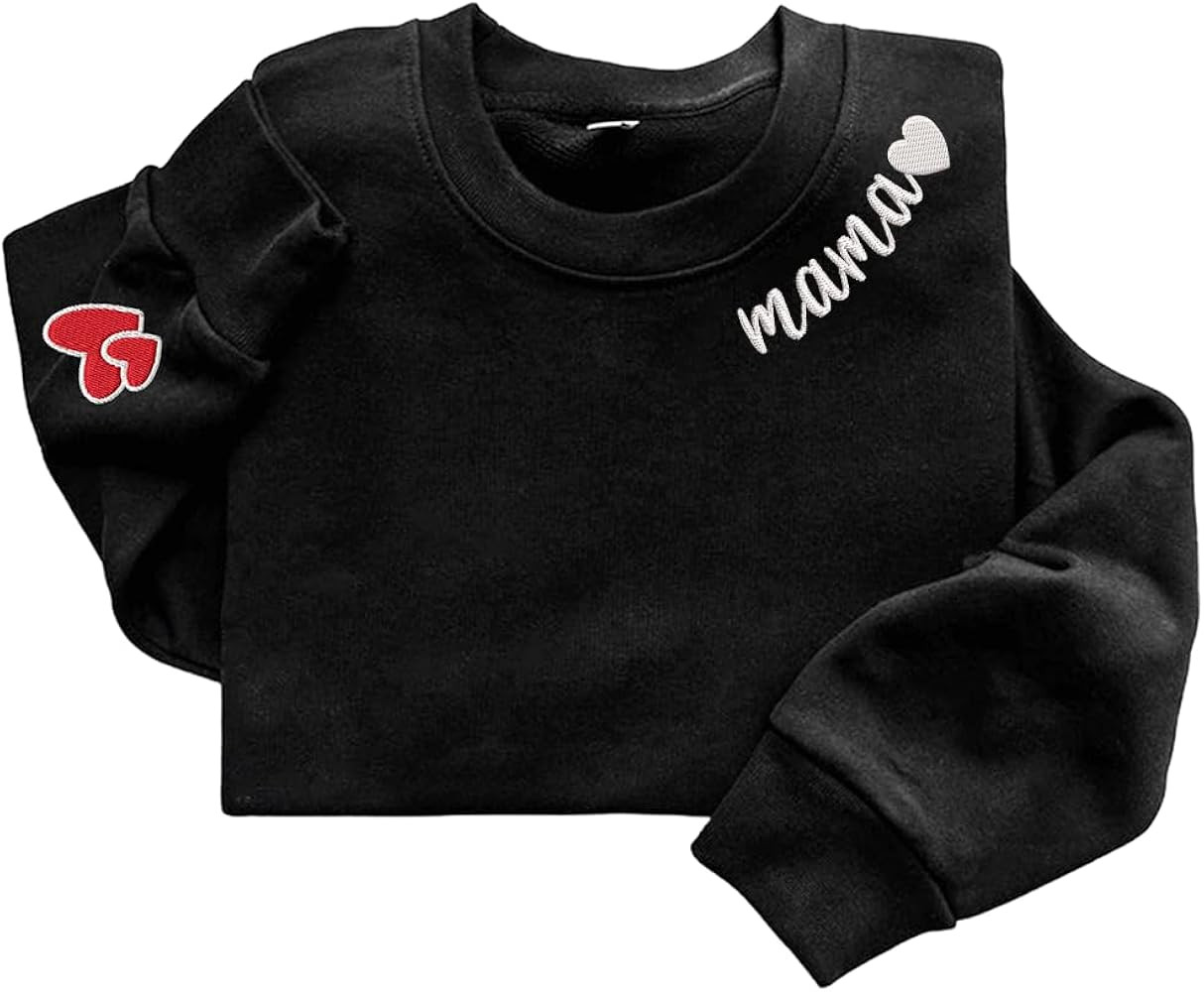 Mama Embroidered Crewneck Sweatshirt, Mama Neckline Sweater with Heart on Sleeve, Mama Pullover S... | Amazon (US)