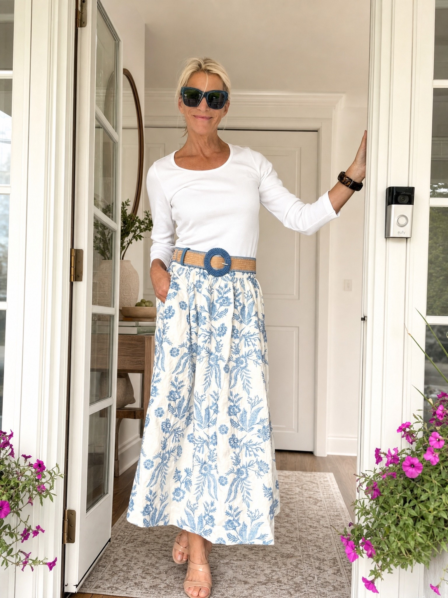 Blue and white will forever have a hold on me, especially when it looks this good. I love how this J.McLaughlin skirt makes a simple white top feel instantly special, and that belt absolutely makes the outfit.

#LTKgrwm #LTKootd