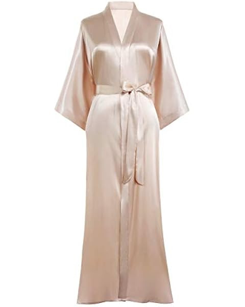 PRODESIGN Satin Kimono Robe Long Silky Bath Robe with Ostrich Feather Trim Sleepwear Wedding Brid... | Amazon (US)