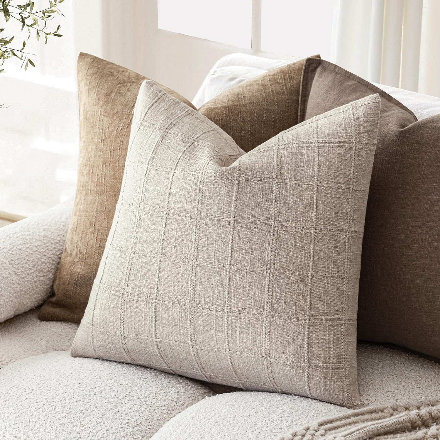 Foindtower Set of 2 Decorative Linen Check Throw Pillow Covers Neutral Farmhouse Vintage Cushion ... | Amazon (US)