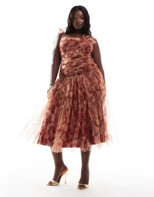 Lace & Beads Plus drop waist bow shoulder midaxi dress in rose print | ASOS (Global)