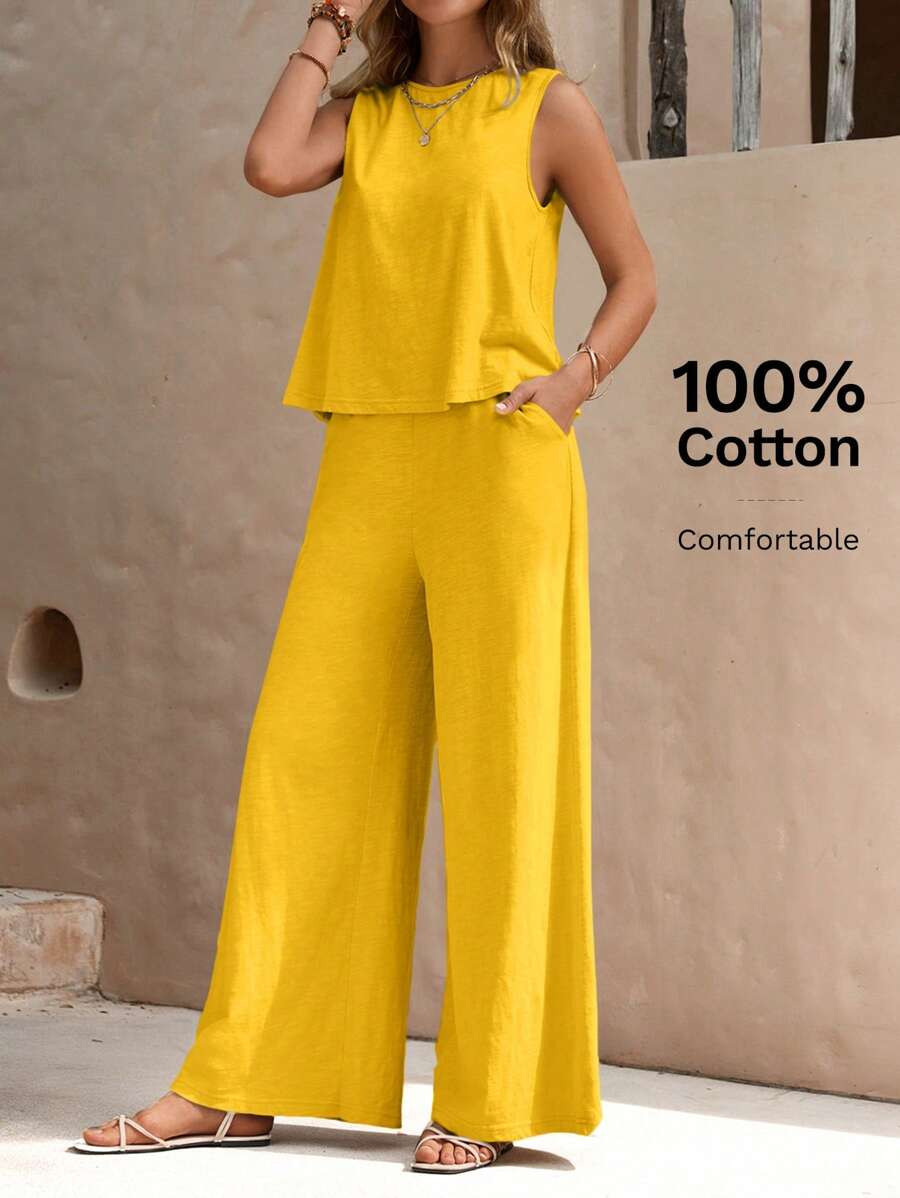 EMERY ROSE Solid Tank Top & Wide Leg Pants | SHEIN