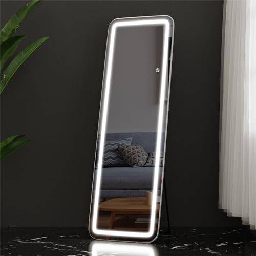 Floor Mirror with LED Light, 64” x 21” Full Length Mirror with Stand, Hanging Mirror Wall Mounted Mirror with Dimming & 3 Color Lighting, Full Body Mirror for Living Room Bedroom Cloakroom, White | Amazon (US)