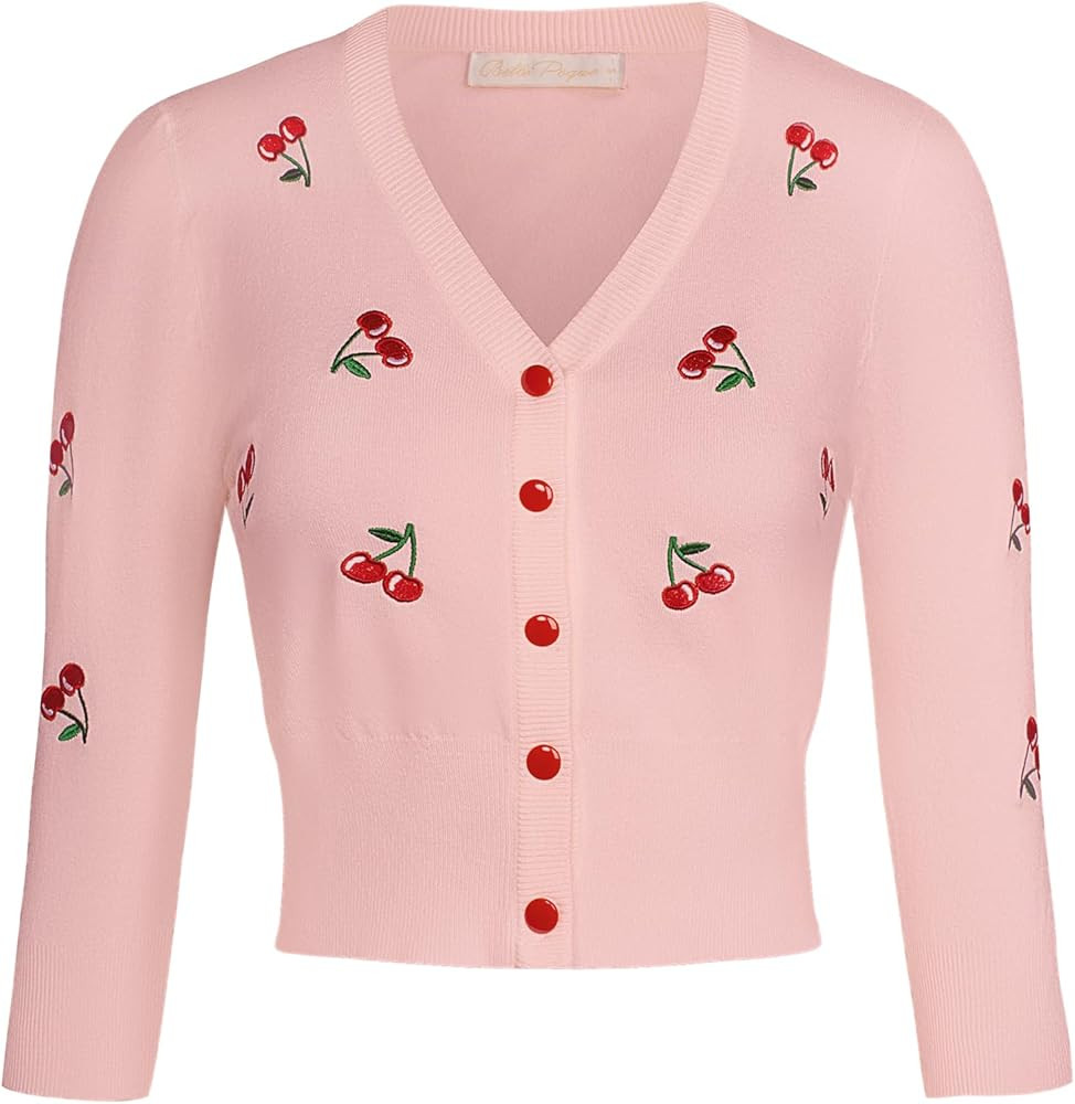 Belle Poque Women's 3/4 Sleeve V-Neck Button Down Cherries Embroidery Cropped Cardigan Sweater Co... | Amazon (US)