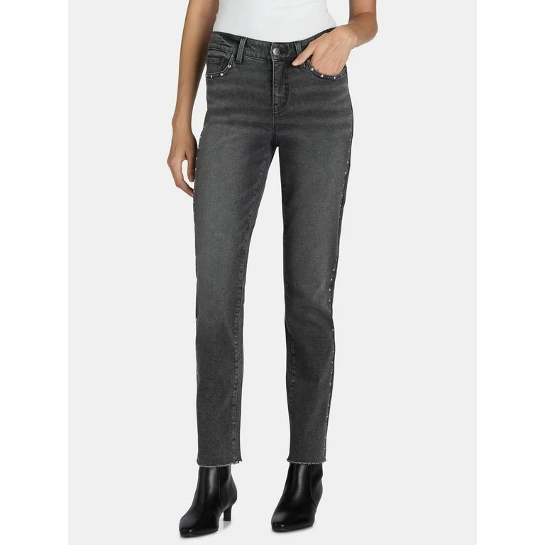 Time and Tru Women's Studded Side Seam Straight Leg Jeans, 30” Inseam, Sizes 2-20 | Walmart (US)