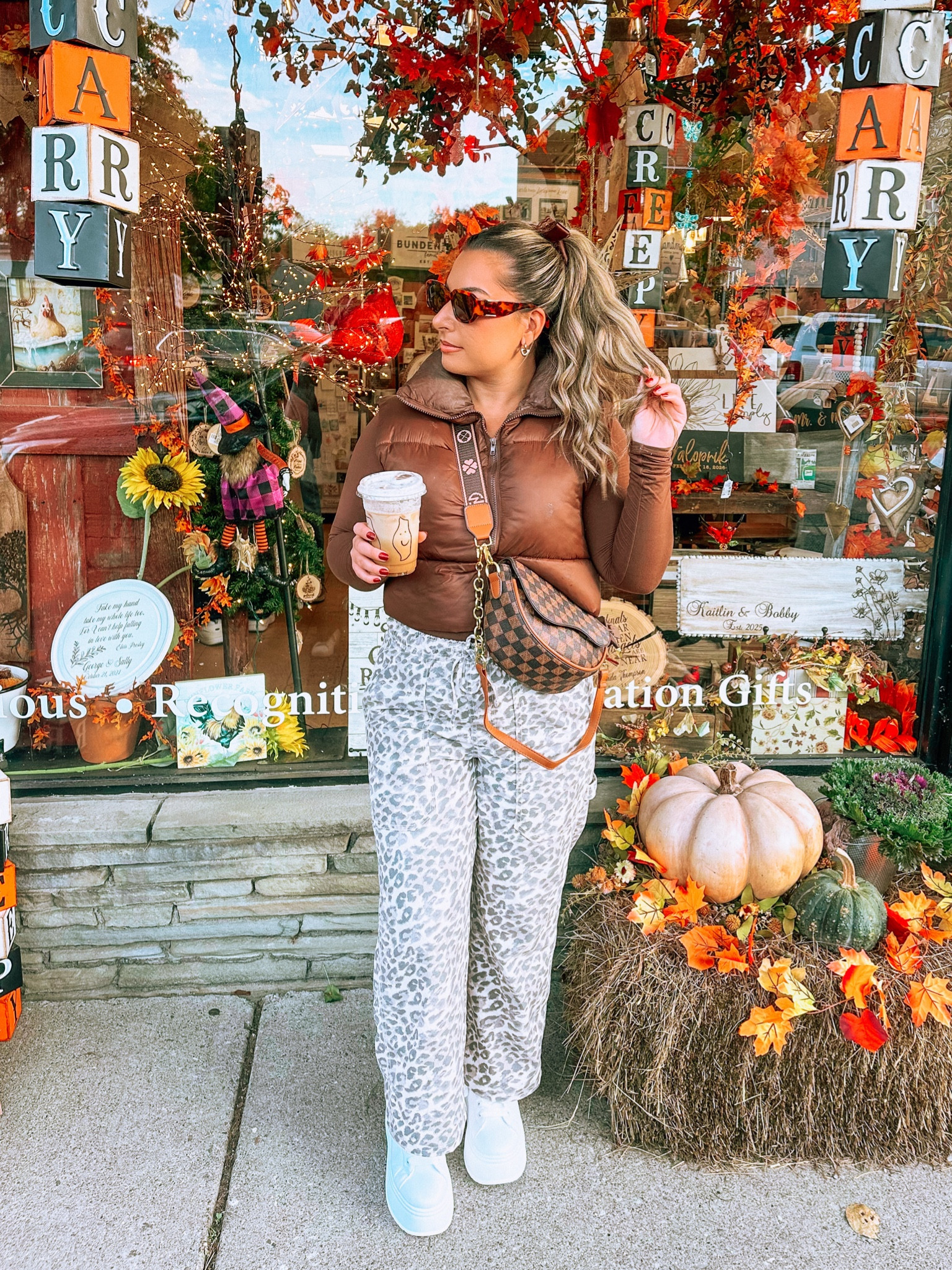 Pumpkin patch outfit for the perfect fall day | fall fashion | cozy | casual 
- brown lace bow for hair accessory
- brown long sleeve bodysuit 
- brown cropped puffer vest
- plaid designer inspired cross body bag \ Fanny pack
- cheetah print drawstring pants ( on sale) !! 
- white platform sneakers 


#LTKtravel #LTKSeasonal #LTKsalealert