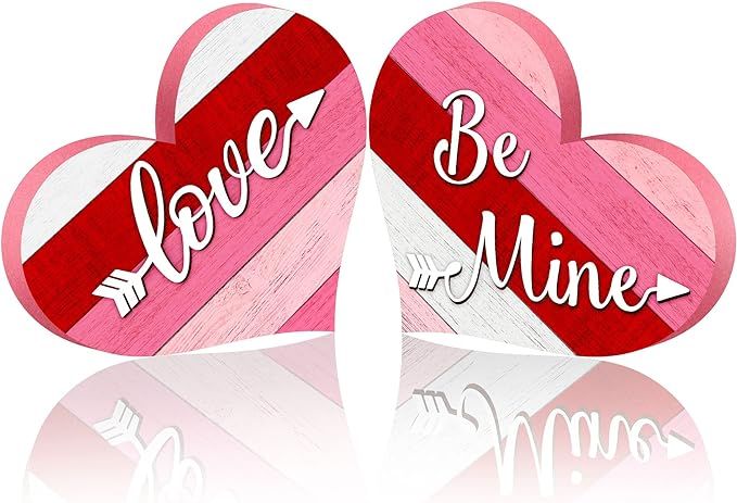 2 Pieces Valentine's Day Wooden Table Sign, Rustic Heart Shape Wood Love Sign Decor, Be Mine Roma... | Amazon (US)