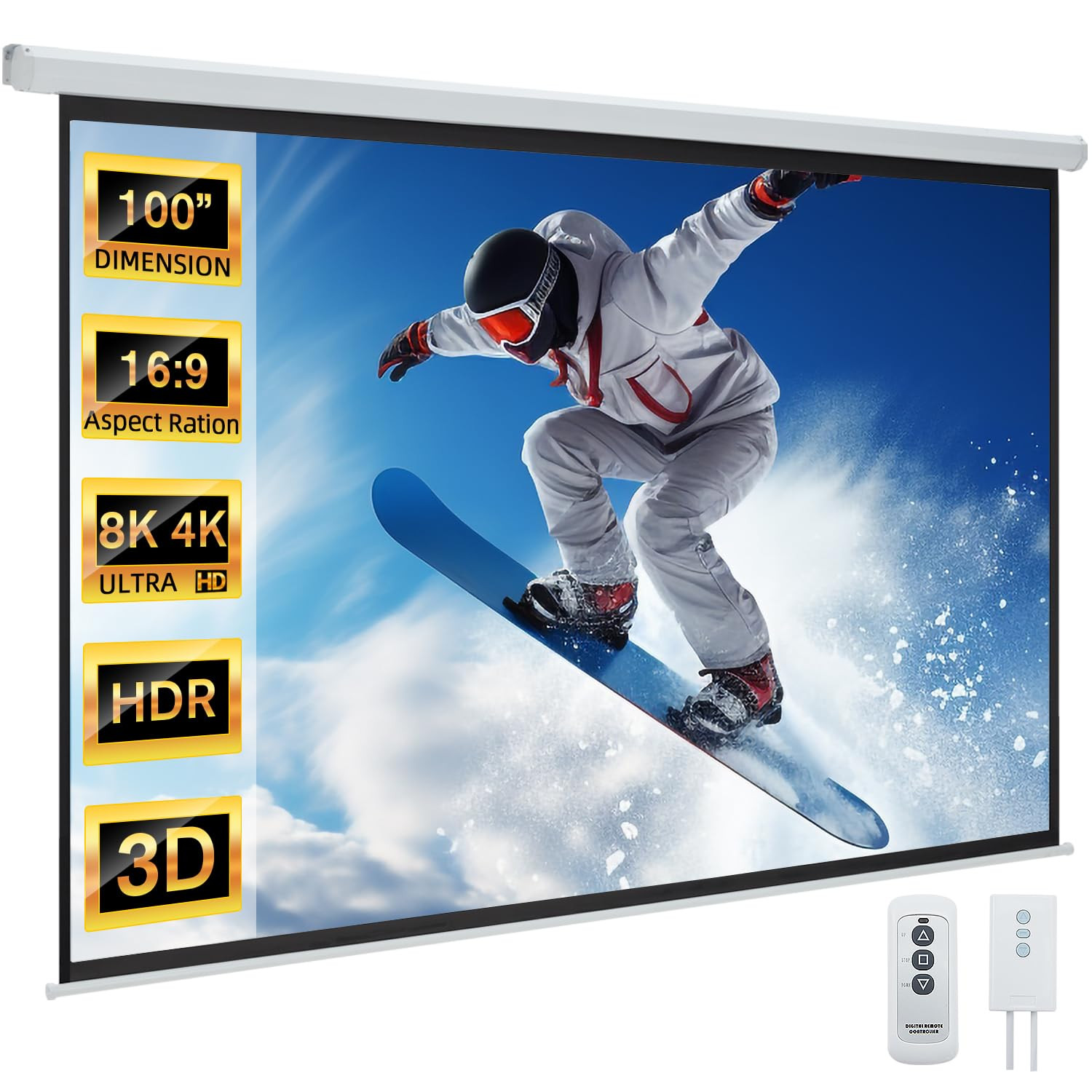 Projector Screen Motorized 100" 16:9, 4K 3D HD Electric Projector Screen Wall Mounted Automatic C... | Amazon (US)