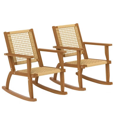 Outsunny Outdoor Rocking Chair Set of 2, Acacia Wood Outdoor Rockers with Wicker Back and Seat, Khaki | Target