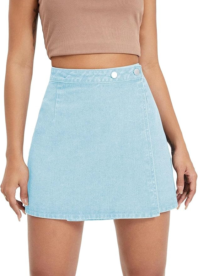 WDIRARA Women's High Waisted A-Line Button Wrap Denim Jean Skirt Mini Skirt | Amazon (US)