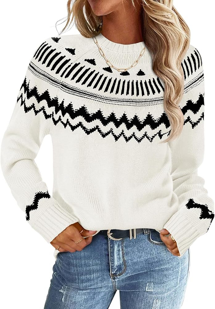 MEROKEETY Women's 2025 Fall Winter Striped Pullover Sweater Trendy Crew Neck Long Sleeve Vintage ... | Amazon (US)