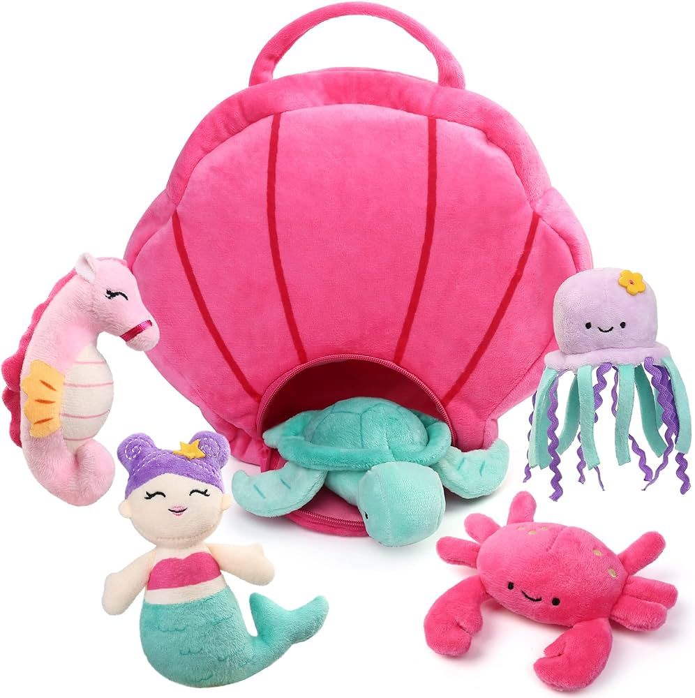 BenBen Ocean Stuffed Animal, 5 Pack Small Sea Creature Plush Toys and Shell Carrying Bag Set, Cut... | Amazon (US)
