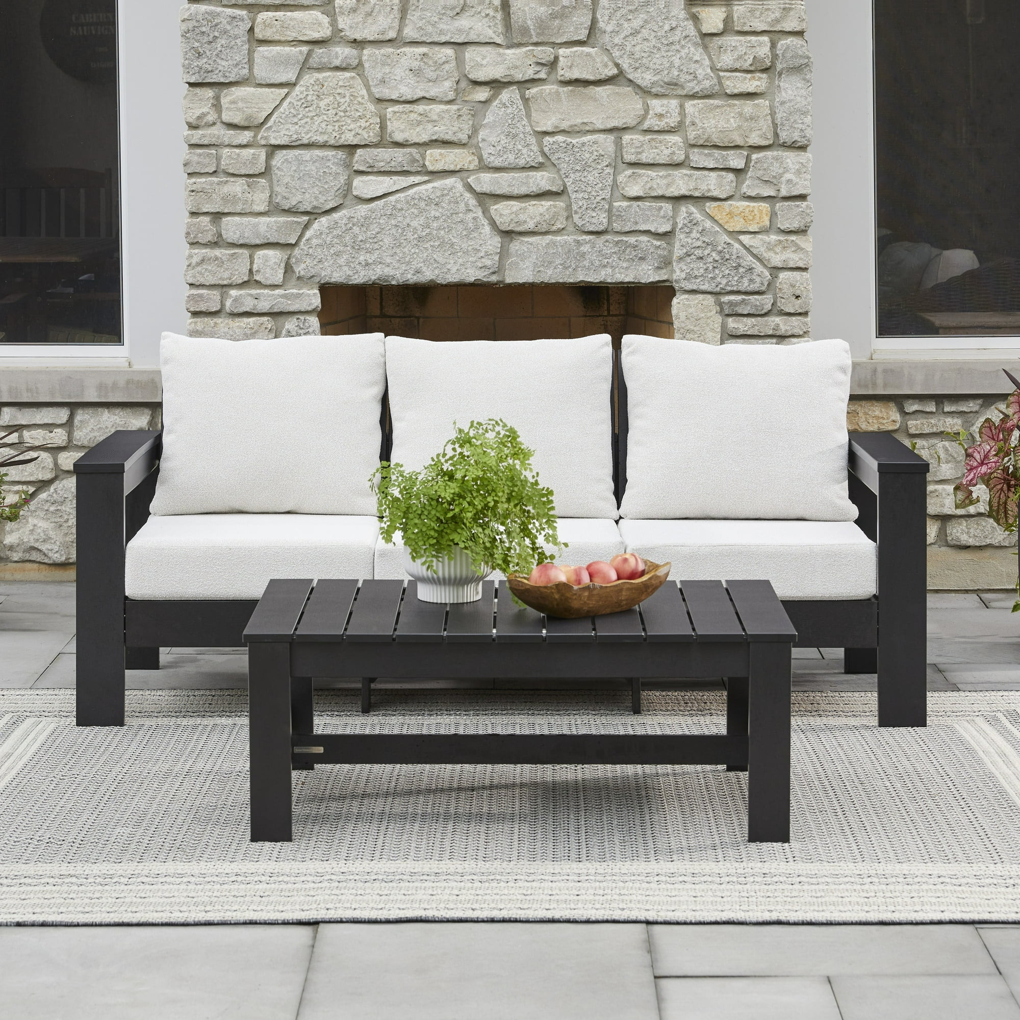 Better Homes & Gardens Ezra Outdoor HDPE Sofa, Black with Cream Boucle Cushions | Walmart (US)