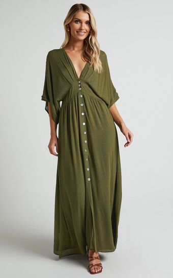 Sitting Pretty Midi Dress - Short Sleeve Button Down Dress in Olive | Showpo (US, UK & Europe)