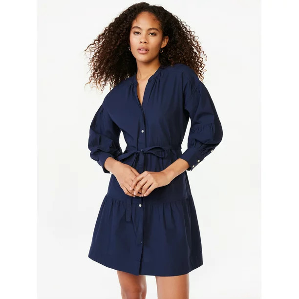 Free Assembly Women's Tiered Mini Shirt Dress with Long Sleeves, Sizes XS-XXL | Walmart (US)