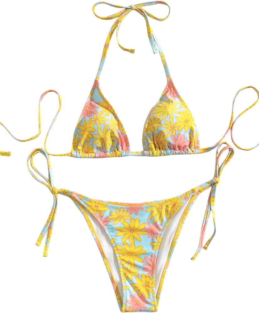 Romwe Women's Allover Floral Print String Triangle Halter 2 Piece Bikini Swimsuit Beachwear | Amazon (US)