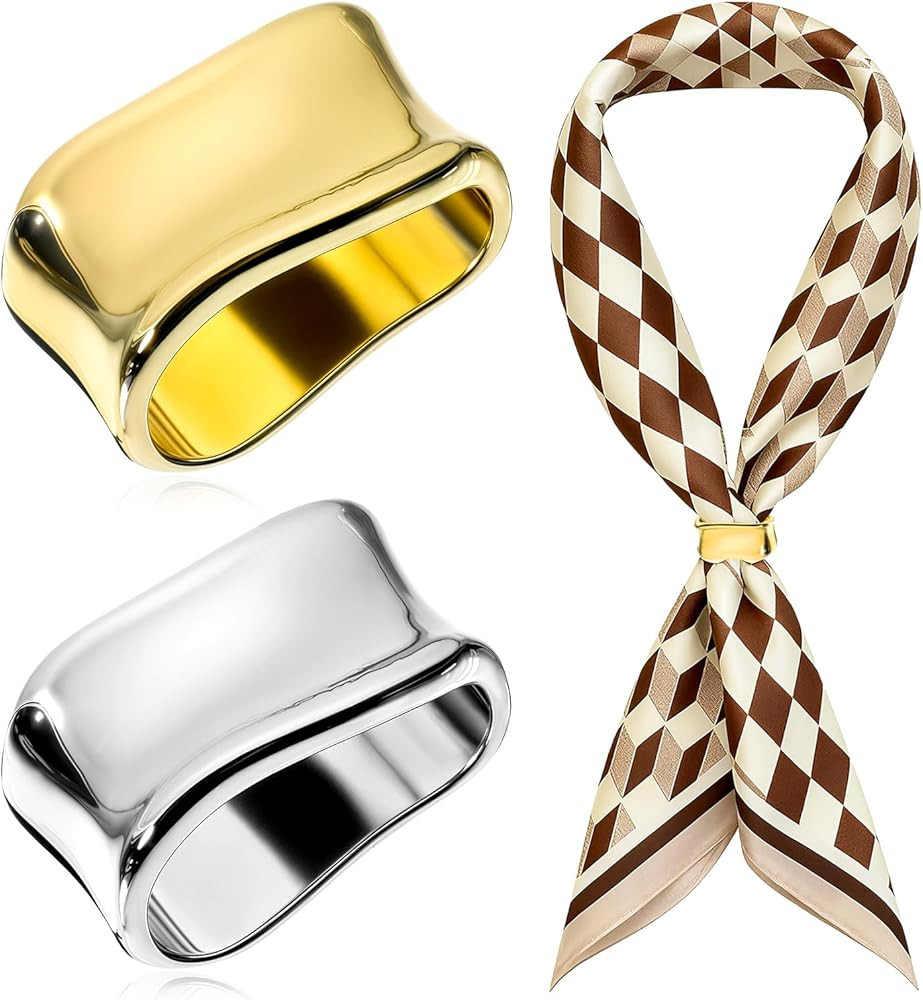 2 Pcs Scarf Clip Oblate Silk Scarf Ring Brooch Gold & Silver Metal Clips Shawl Slide Buckle Scarf... | Amazon (US)