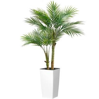 5 ft. Faux Plant Indoor Outdoor Artificial Palm Tree in White square Planter with 18 leaves squar... | The Home Depot