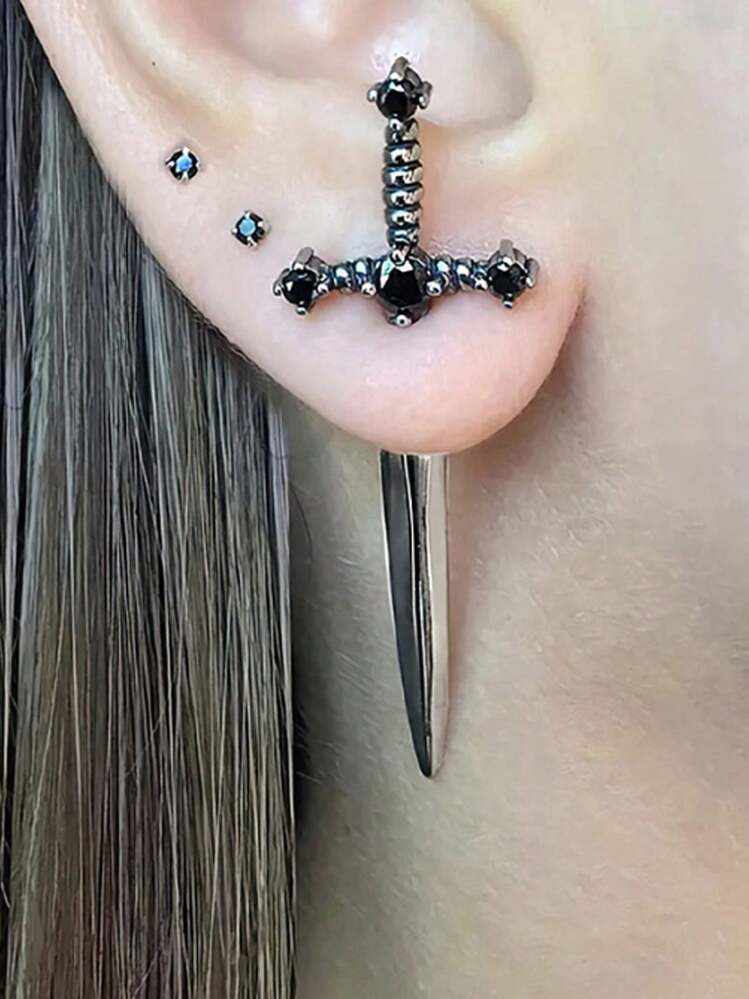 ROMWE Goth 2pcs Funky Zinc Alloy Rhinestone Decor Sword Design Earrings For Women For Daily Decor... | SHEIN