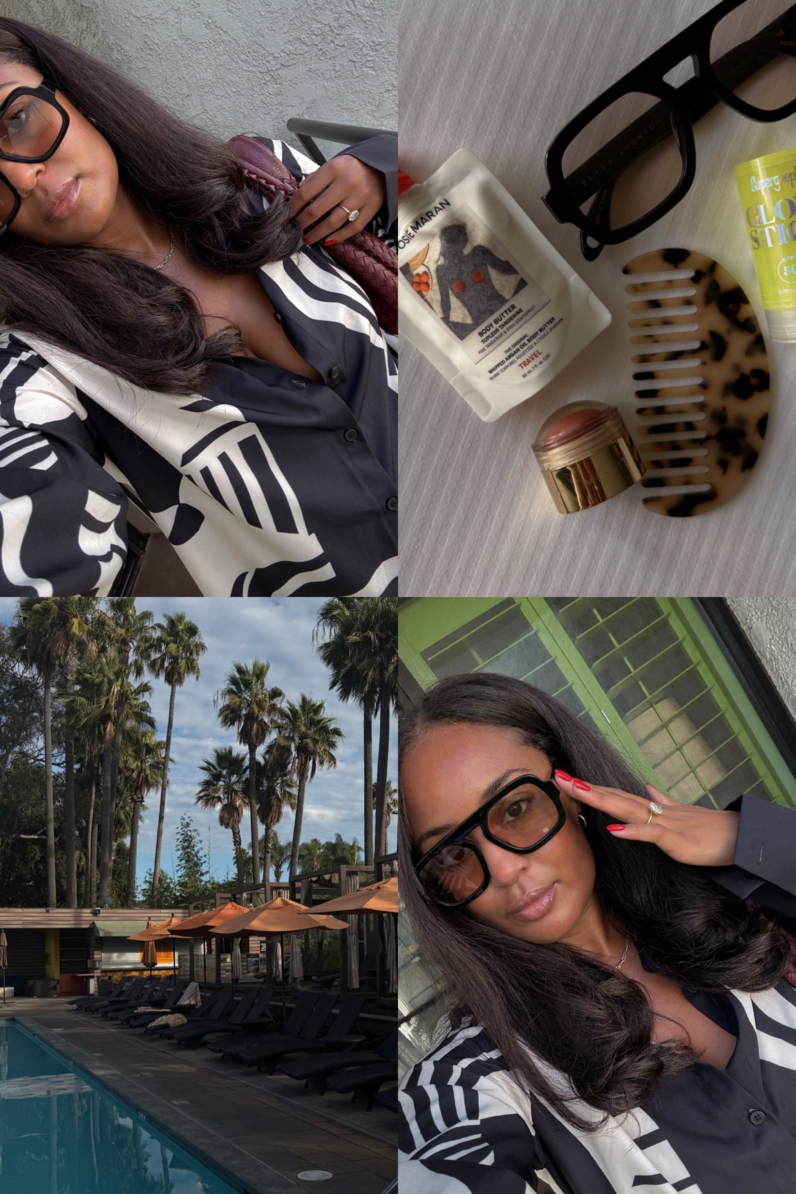 Vacay faves
- Elisa Johnson sunnies
- merit blush
- travel size Josie maran 
- supergoop glow stick
