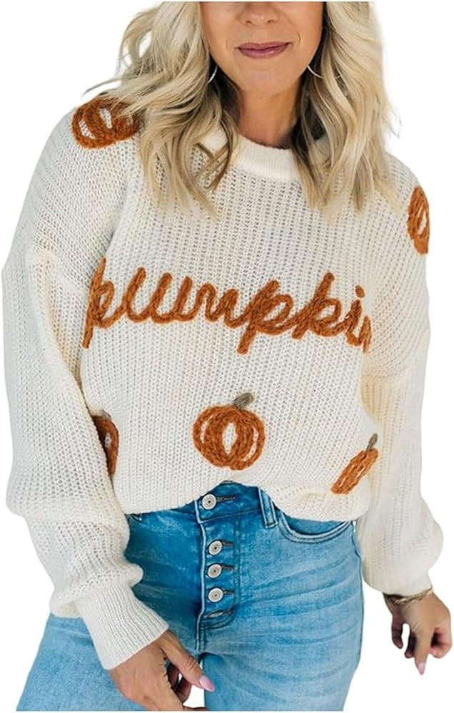 Sweaters for Women 2024 Crewneck Pumpkin Yarn Stitch Ribbed Knit Fall Winter Knitted Pullover Top... | Amazon (US)