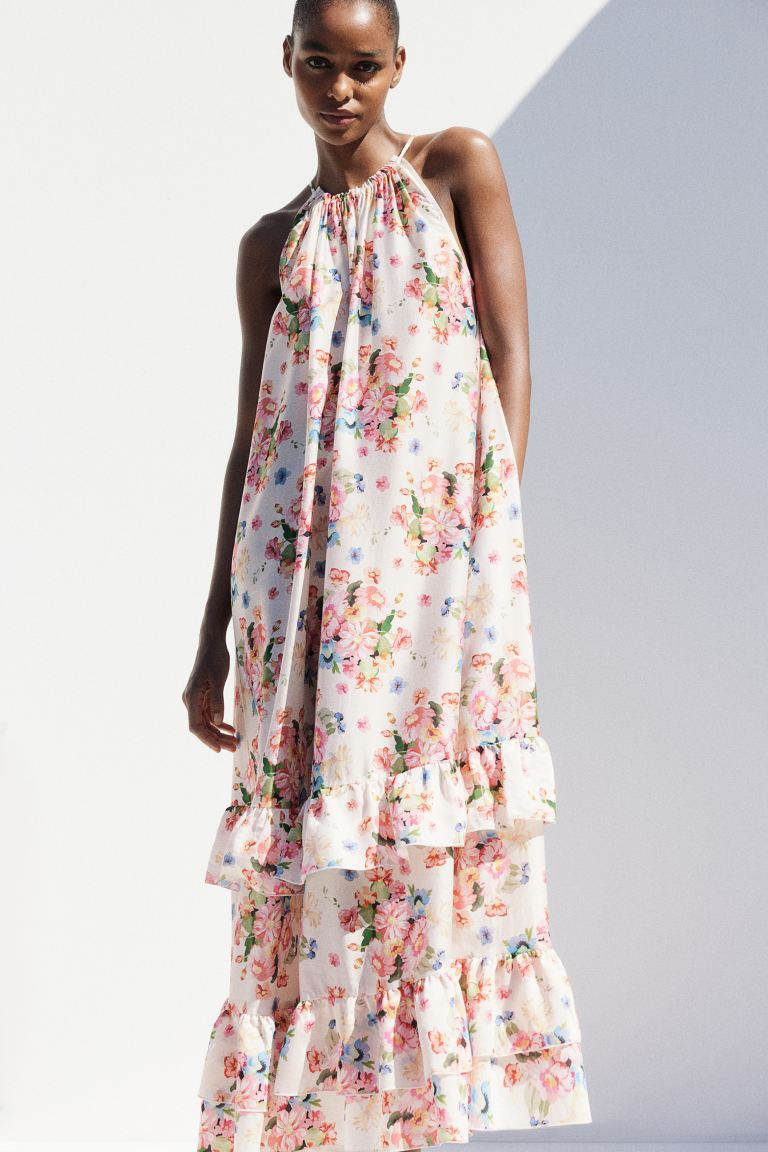 Flounce-trimmed Dress - Round Neck - Sleeveless - White/floral - Ladies | H&M US | H&M (US + CA)