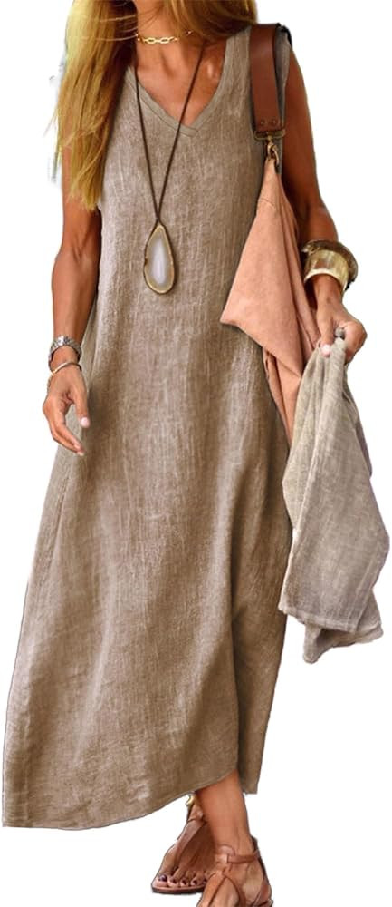 Bengbobar Women's Casual V Neck Cotton Linen Maxi Dress Summer Sleeveless Solid Color Shift Tank ... | Amazon (US)