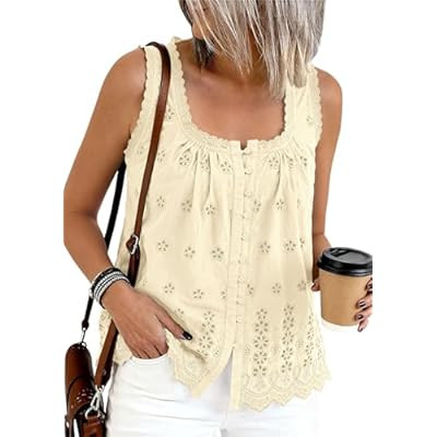 PRETTYGARDEN Womens Tank Tops 2026 Summer Button Down Shirts Embroidered Eyel… | Amazon (US)
