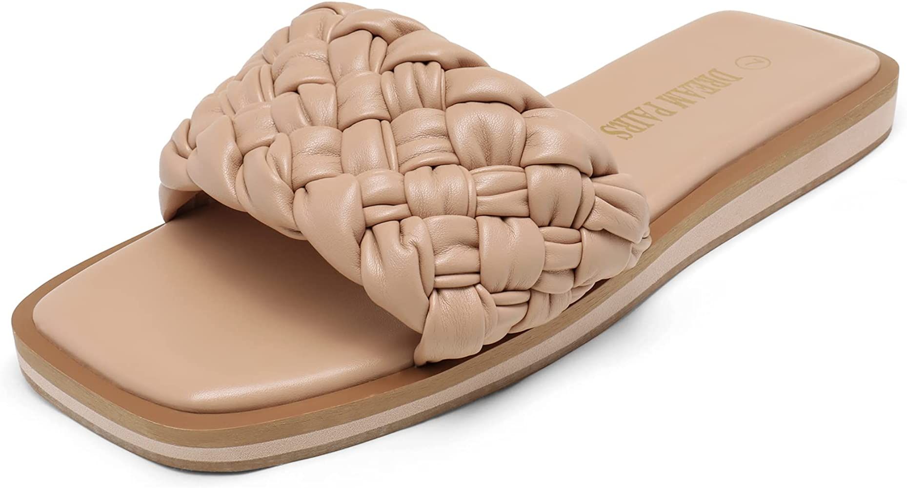 DREAM PAIRS Women's Square Open Toe Slide Sandals Cute Slip on Braided Strap Rhinestone Flat Sandals | Amazon (US)