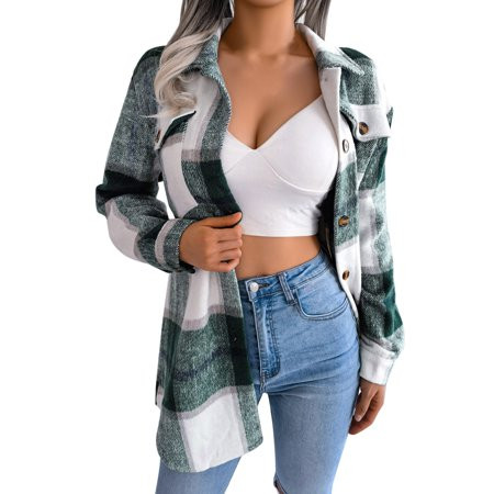 KmaiSchai Womens Flannel Sherpa Jacket Women Long Sleeve Button Lapel Color Block Plaid Shirts Slouc | Walmart (US)