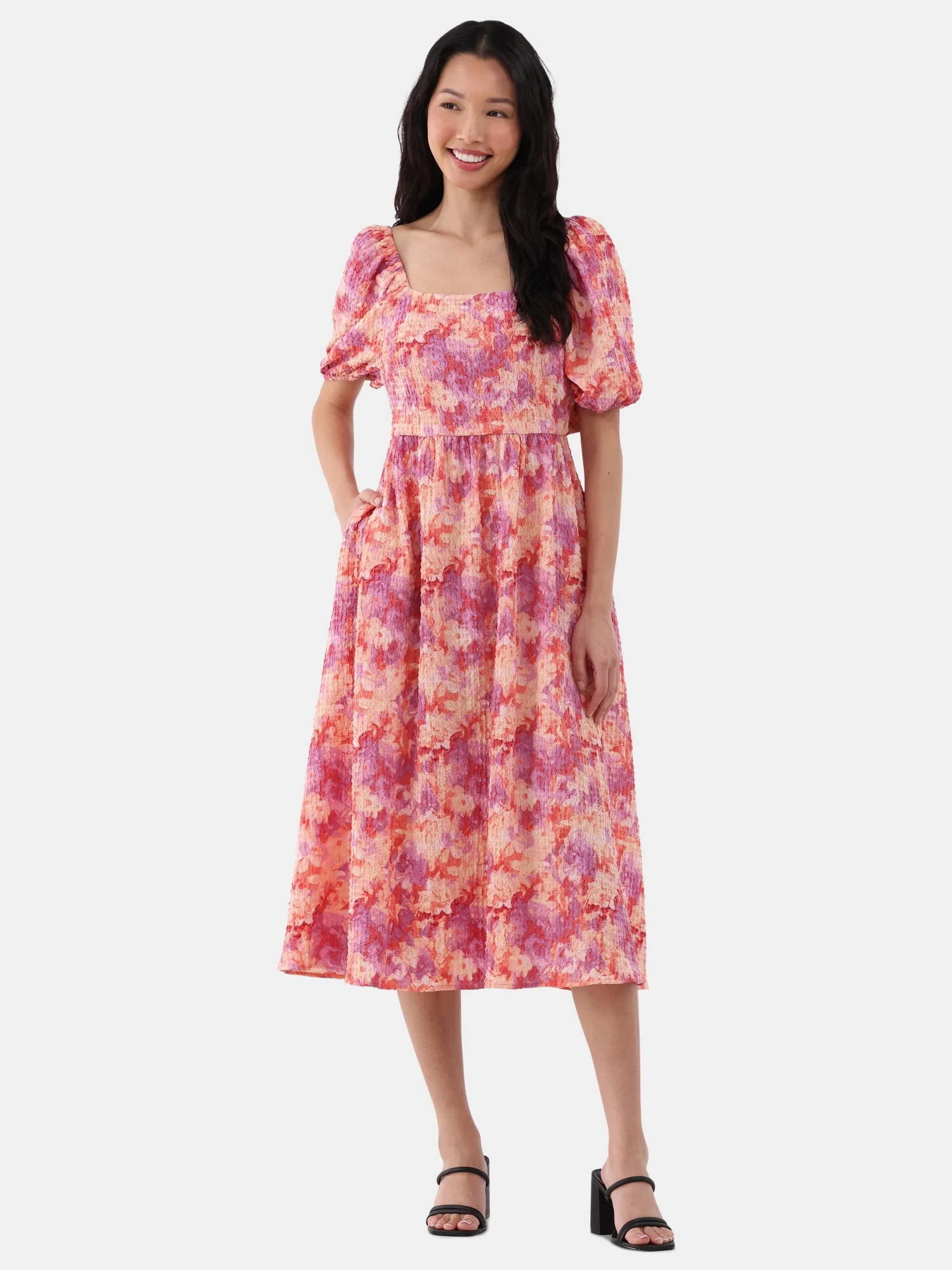Time and Tru Women's and Women's Plus Back Tie Midi Dress with Puff Sleeves, Sizes XS-XXXL | Walmart (US)