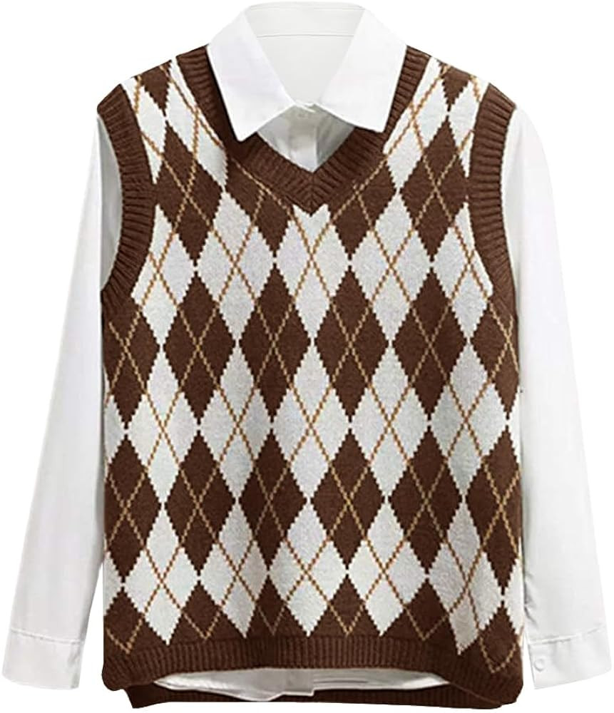 Lailezou Women's V Neck Knit Sweater Vest Argyle Plaid Preppy Style Sleeveless Crop Knitwear Tank | Amazon (US)