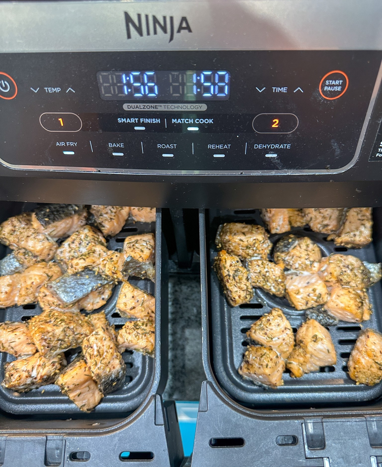 I have lots of Njnja products, but I would say that this dual air fryer is my favorite and most used appliance. I prepared these Salmon bites in my air fryer. #airfryer #salmonbites #kitchenappliances #athomewithdsf. 