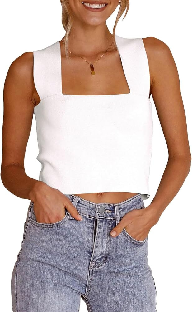 Zwurew Womens Crop Tank Tops Wide Straps Square Neck Summer Sleeveless Knit Sweater Top | Amazon (US)