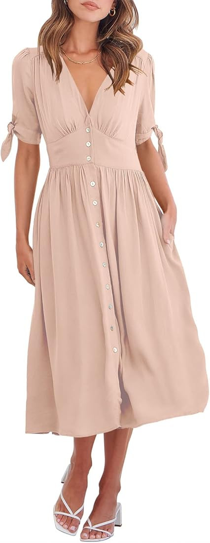 ANRABESS Women’s 2023 Spring Summer Casual Short Sleeves Deep V Neck Button Down A-Line Midi Dr... | Amazon (US)