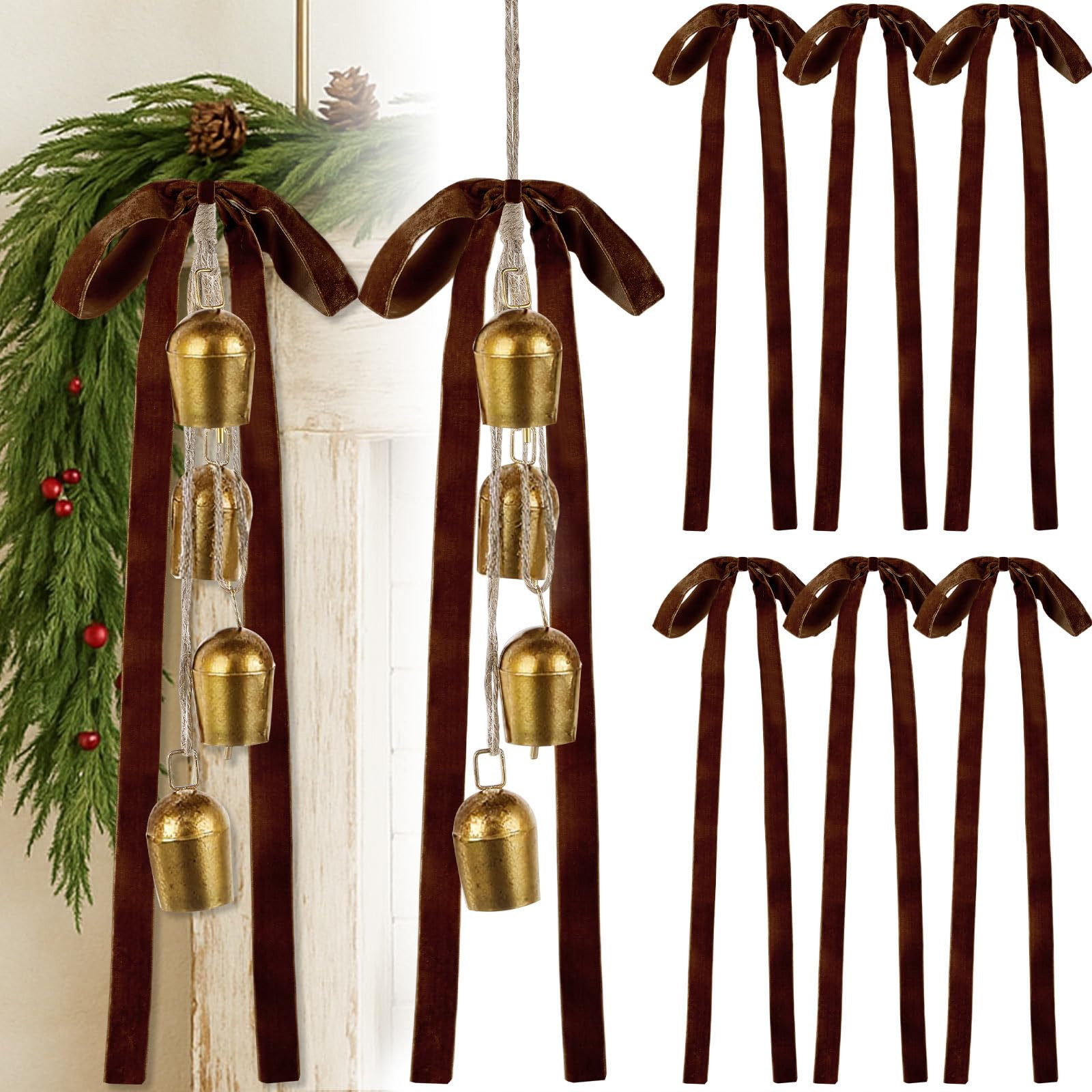 2 Pcs Christmas Cow Bells with 8 Pcs Brown Velvet Bows Vintage Rustic Gold Bell with Velvet Ribbo... | Amazon (US)