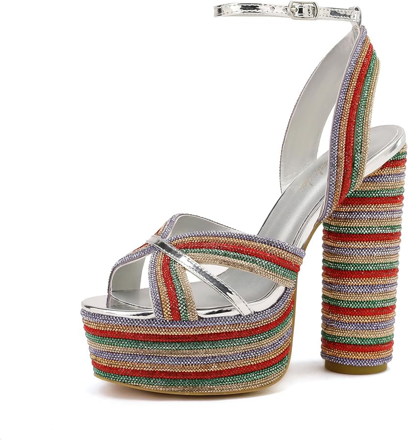 Tsrenlmln Women's Pumps Rhinestone High Heels Diamond Inlaid Craft Sandals for Women Chunky Strap... | Amazon (US)