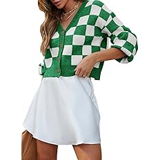 Dokotoo Womens Checkered V Neck Button Down Long Sleeve Cable Knit Cropped Cardigan Sweaters Tops | Amazon (US)