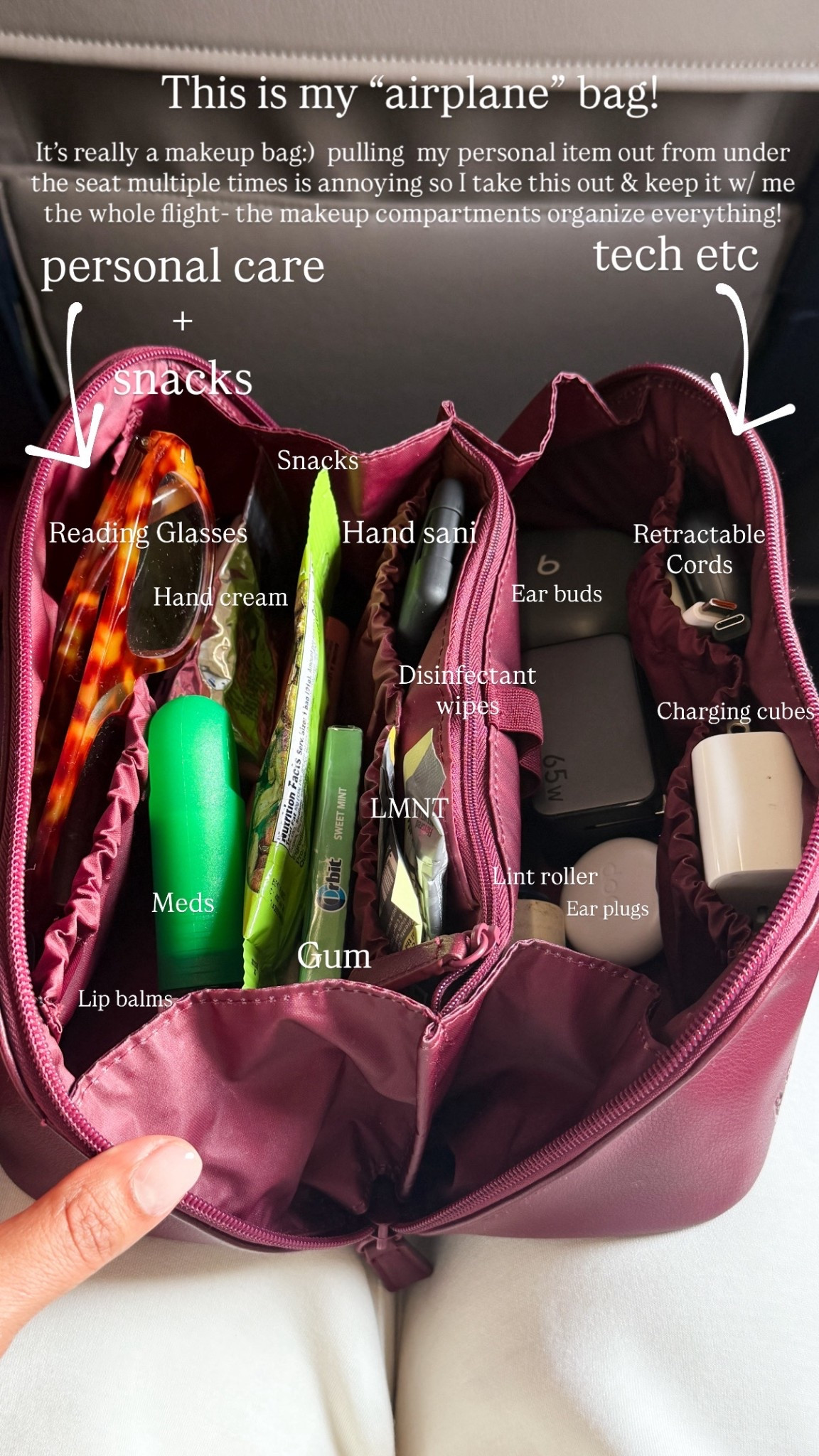 This is my "airplane" bag!
It's really a makeup bag:) pulling my personal item out from under the seat multiple times is annoying so I take this out & keep it w/ me the whole flight- the makeup compartments organize everything!



#LTKTravel #LTKBeauty