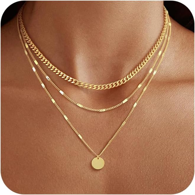 14K Gold Plated Layering Necklaces For Women Gold Necklace Set, Cuban Link, Snake Chain, Papercli... | Amazon (US)
